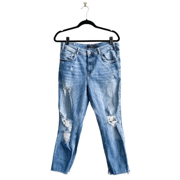 Zara Trafaluc Women's High Rise Distressed Raw Cut Off Hem Cropped Jeans Size 10 - Picture 2 of 10